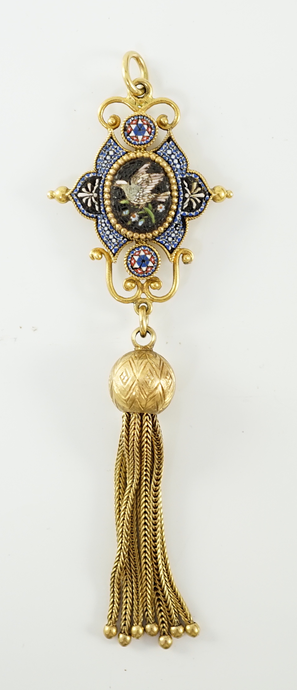 A 19th century gold and micro mosaic tassel drop pendant